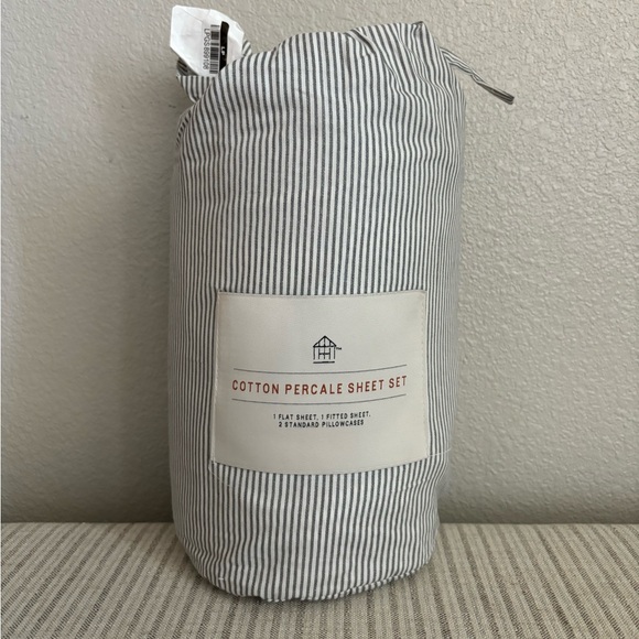 NWT 4pc Queen Cotton Percale Microstripe Sheet Set Railroad Gray/Sour Cream - Picture 1 of 4